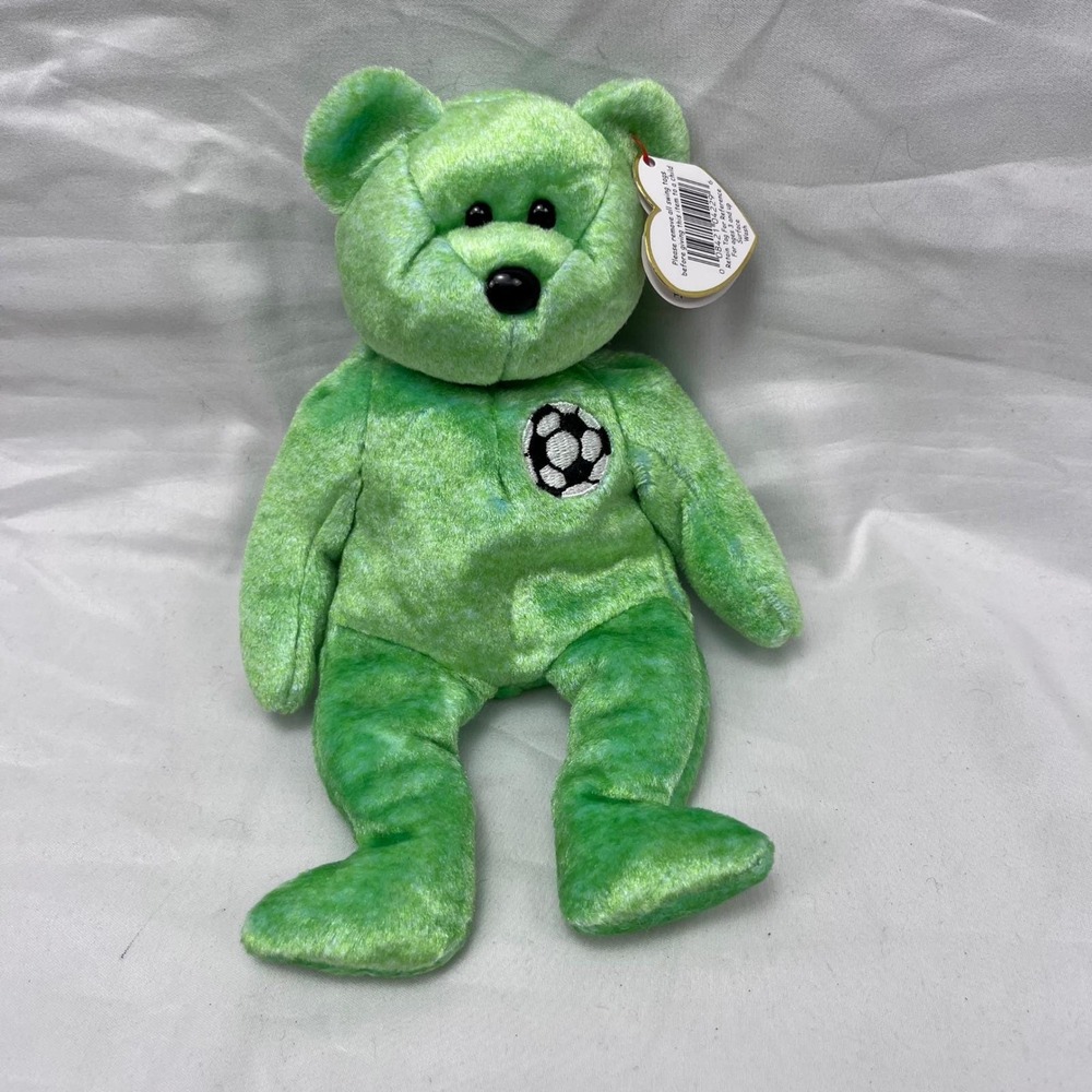 Ty Beanie Babies Kicks Soccer Ball Patch Green Plush Bear Toy 1998